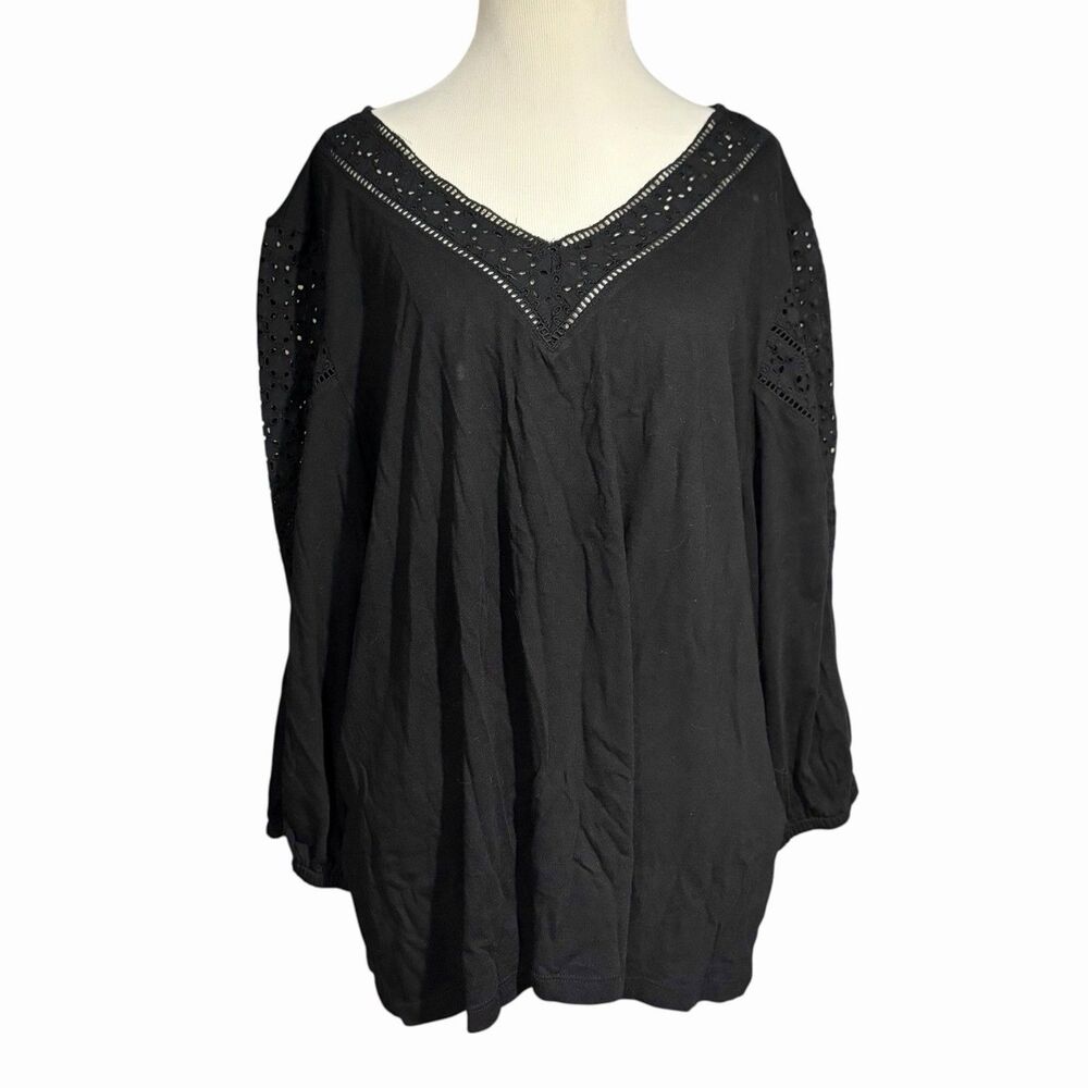 Chico's Size 4 Black Eyelet Lace V Neck Tunic Top Long Sleeve Boho Cotton Modal
